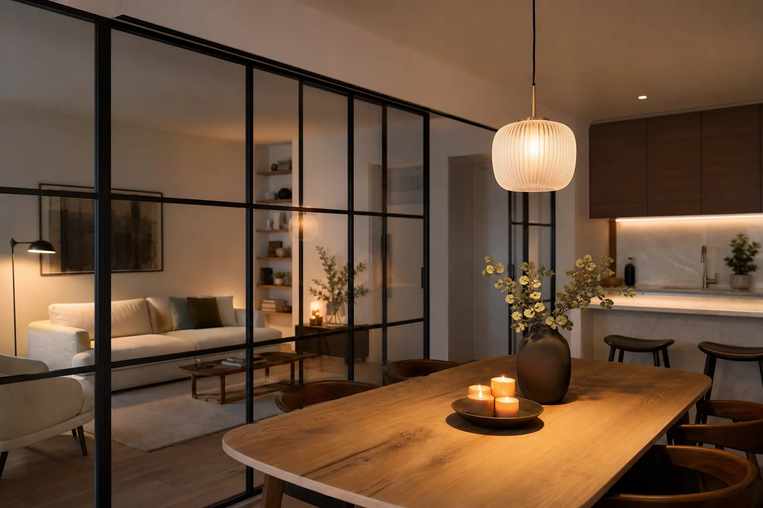 Verrière noire séparant un salon et une cuisine, éclairée par une suspension blanche en verre opalin au-dessus d’une table en bois.