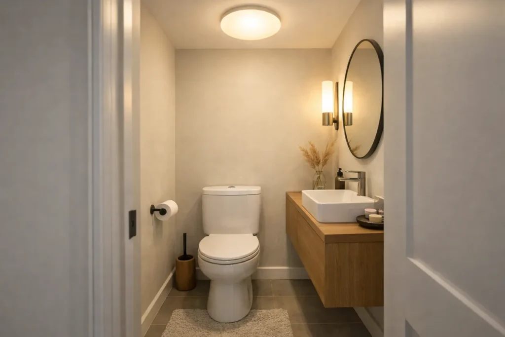Petit WC aux murs clairs éclairé par un plafonnier opalin, avec une applique près du miroir.