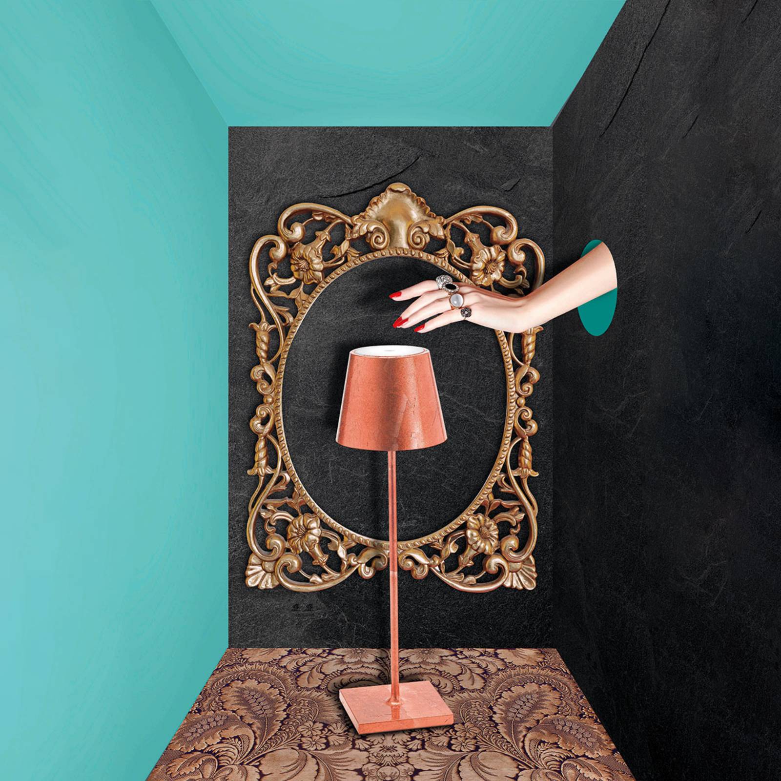 Lampe Poldina Zafferano cuivrée à poser avec commande tactile et batterie