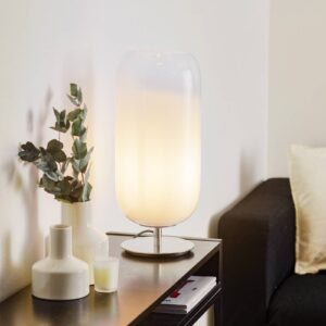 Lampe à poser Artemide Gople blanche et argentée en verre travaillé à la main