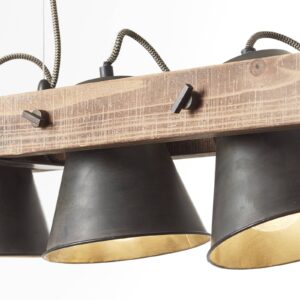 Suspension Brilliant Plow à trois abat-jour noirs et support en bois foncé