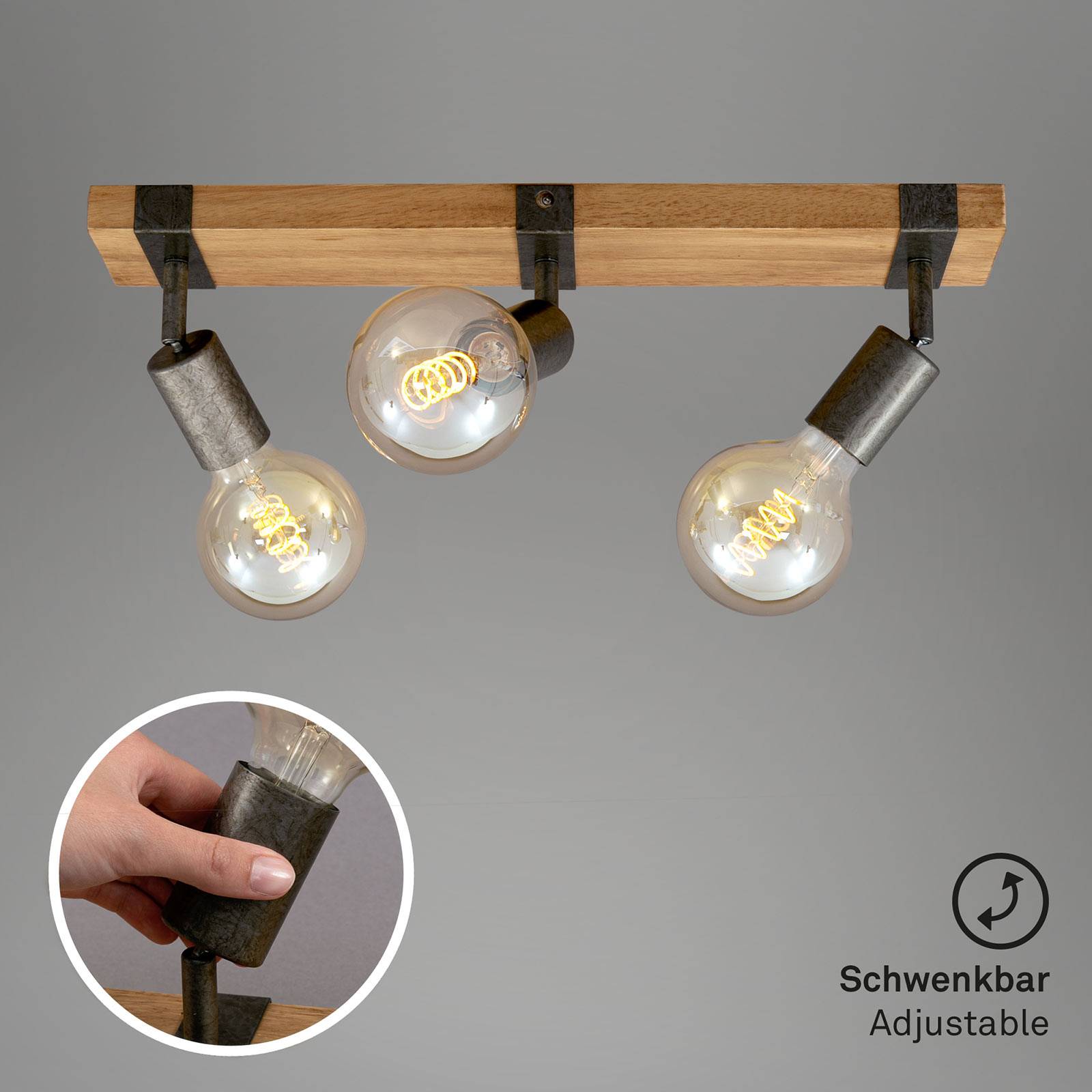 Plafonnier Wood Basic en bois naturel et métal foncé à trois lampes orientables — vue 2