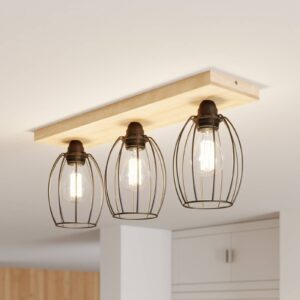 Plafonnier BRITOP Beevly à trois lampes en bois de chêne et métal noir