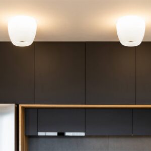 Plafonnier Mara ovale en verre blanc avec support en métal nickel mat