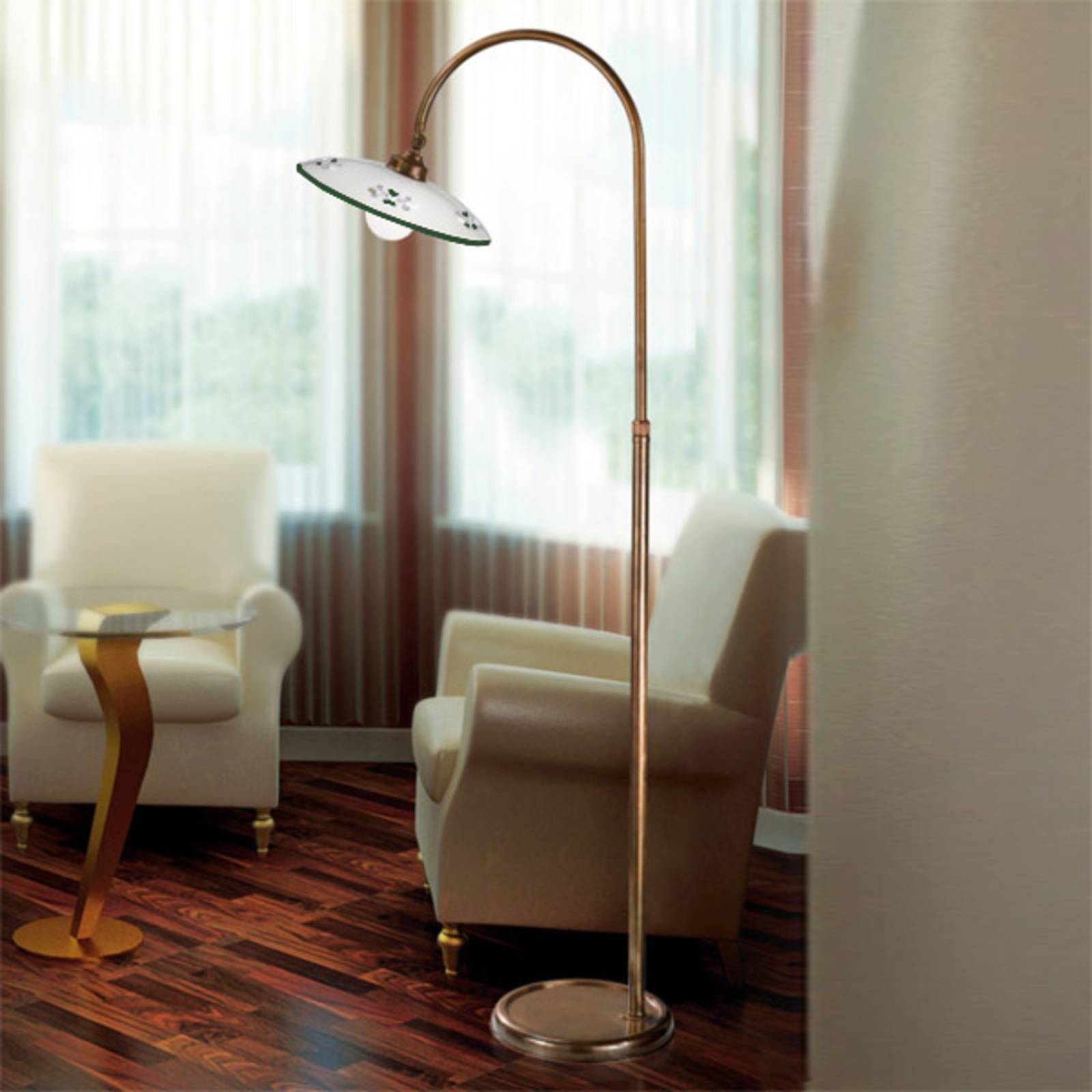 Lampadaire Cremasco Bassano vert avec structure en laiton et abat-jour céramique