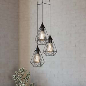 Suspension Tarbes noire à trois abat-jour métalliques ouverts de style vintage