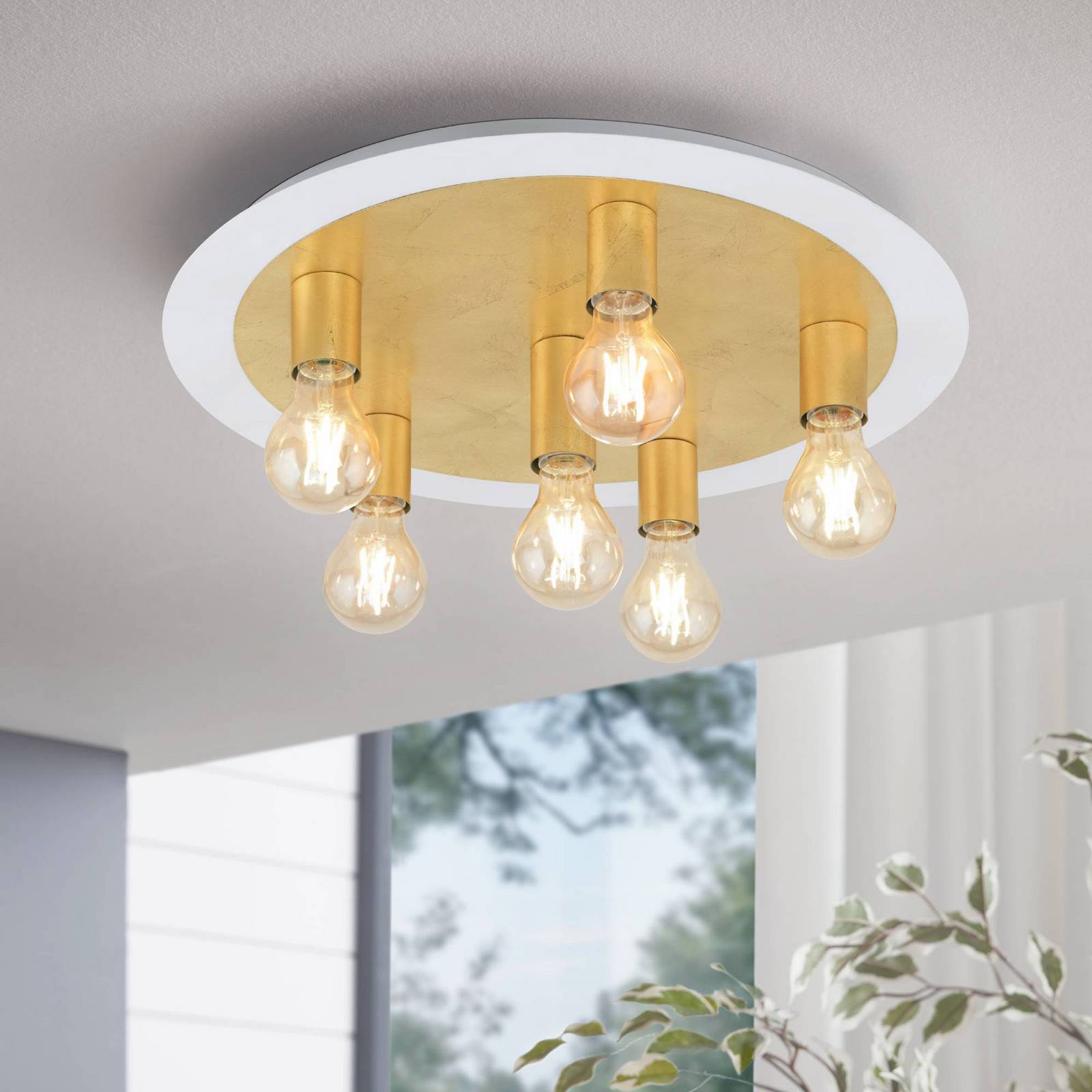 Plafonnier LED Passano doré à six lampes sur structure blanche en acier — vue 2