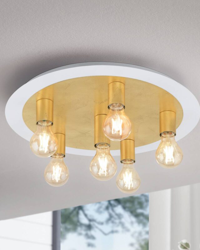 Plafonnier LED Passano doré à six lampes sur structure blanche en acier
