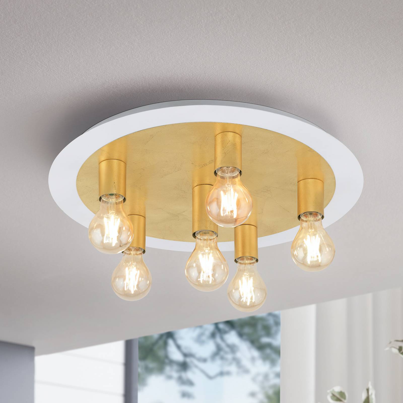 Plafonnier LED Passano doré à six lampes sur structure blanche en acier