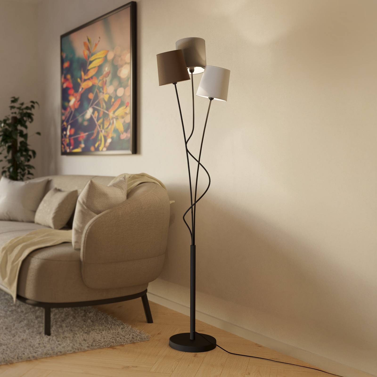 Lampadaire EGLO Maronda noir avec trois abat-jour en tissu blanc brun anthracite — vue 2