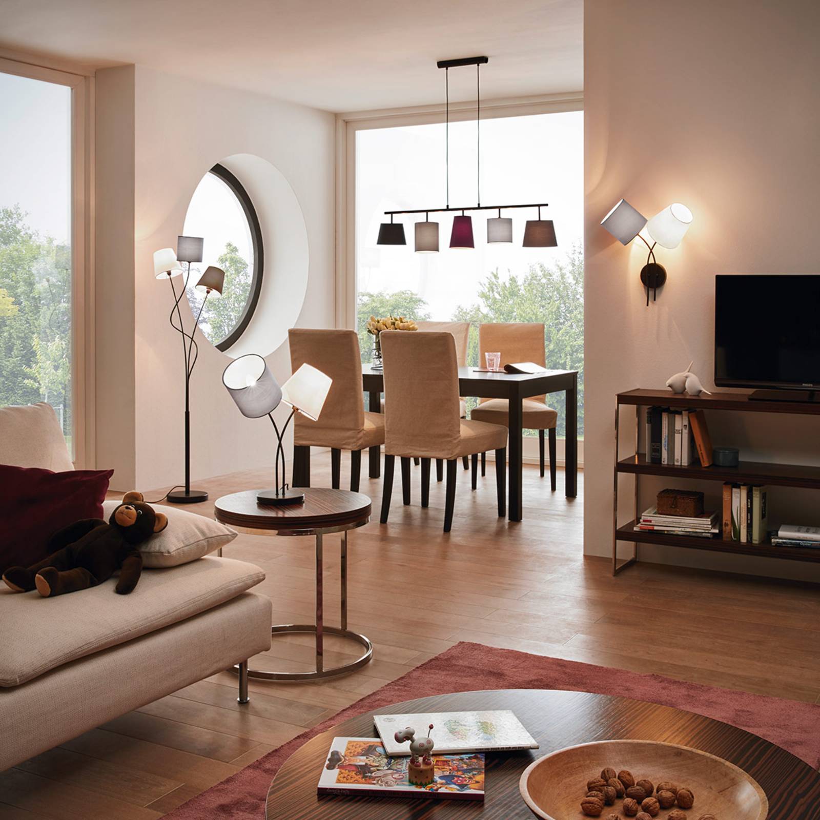 Lampadaire EGLO Maronda noir avec trois abat-jour en tissu blanc brun anthracite — vue 3