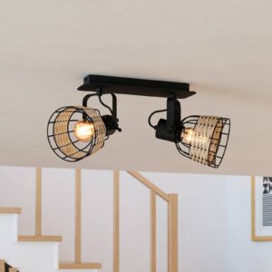 Spot plafond Anwick 1 à deux lampes en acier et rotin