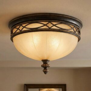 Plafonnier Drawing Room rond en métal noyer avec abat-jour crème
