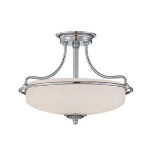 Plafonnier Griffin au support chromé et abat-jour en verre blanc, diamètre 43 cm