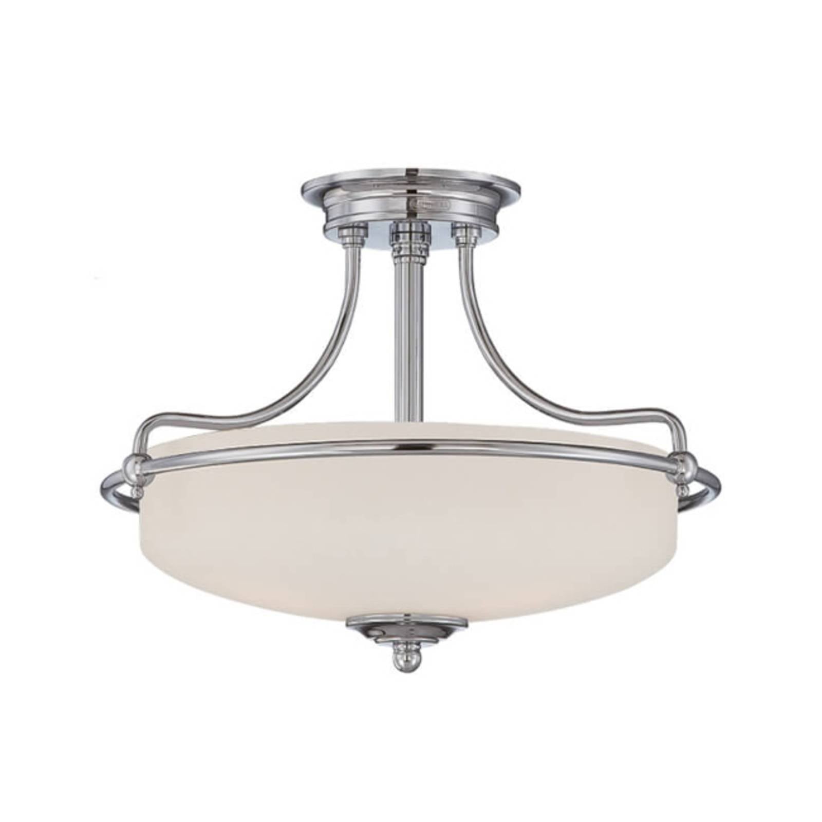 Plafonnier Griffin au support chromé et abat-jour en verre blanc, diamètre 43 cm