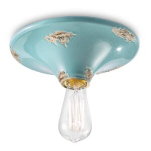 Plafonnier C134 turquoise en céramique, au support rond et à l’ampoule apparente