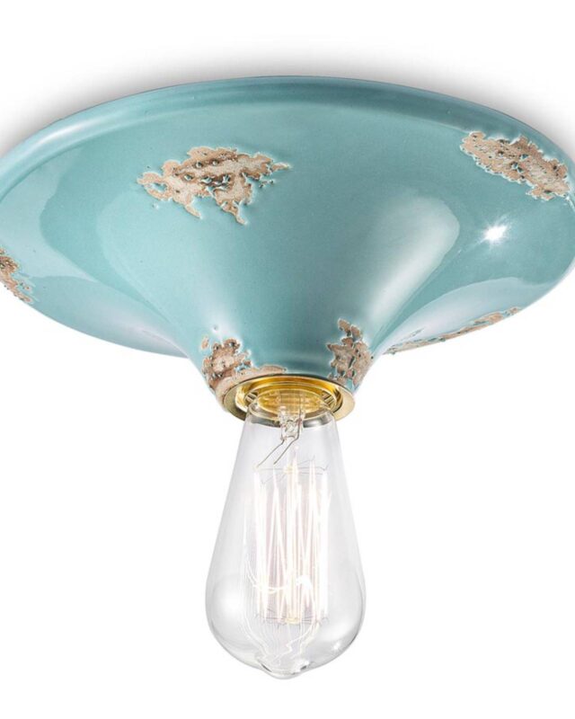 Plafonnier C134 turquoise en céramique, au support rond et à l’ampoule apparente