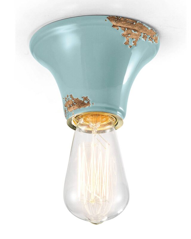 Plafonnier C132 turquoise en céramique, forme ronde et finition vintage patinée