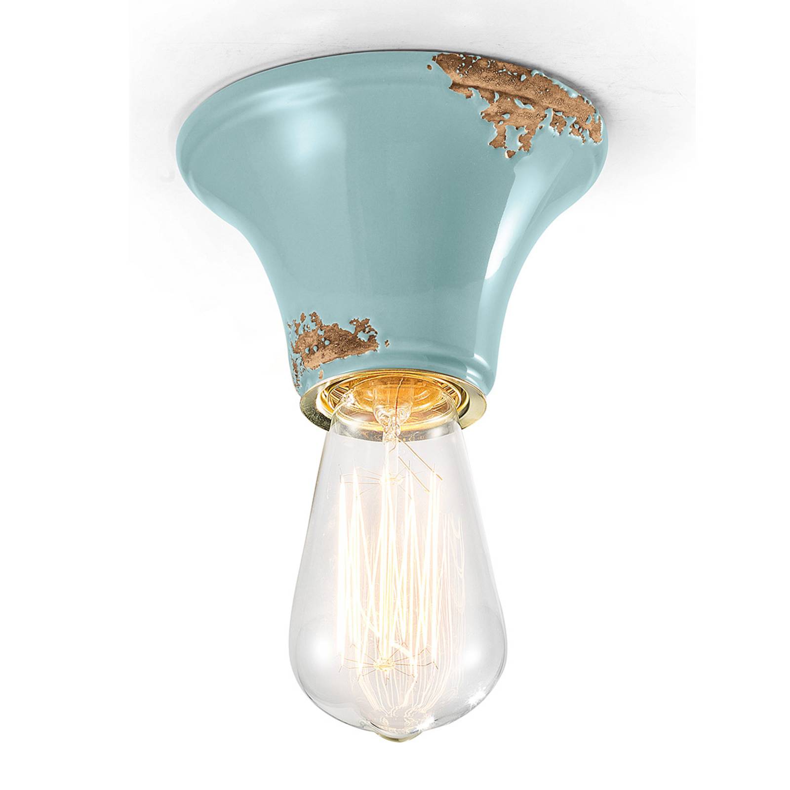 Plafonnier C132 turquoise en céramique, forme ronde et finition vintage patinée