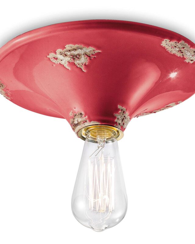 Plafonnier vintage C134 rouge en céramique avec douille apparente au plafond