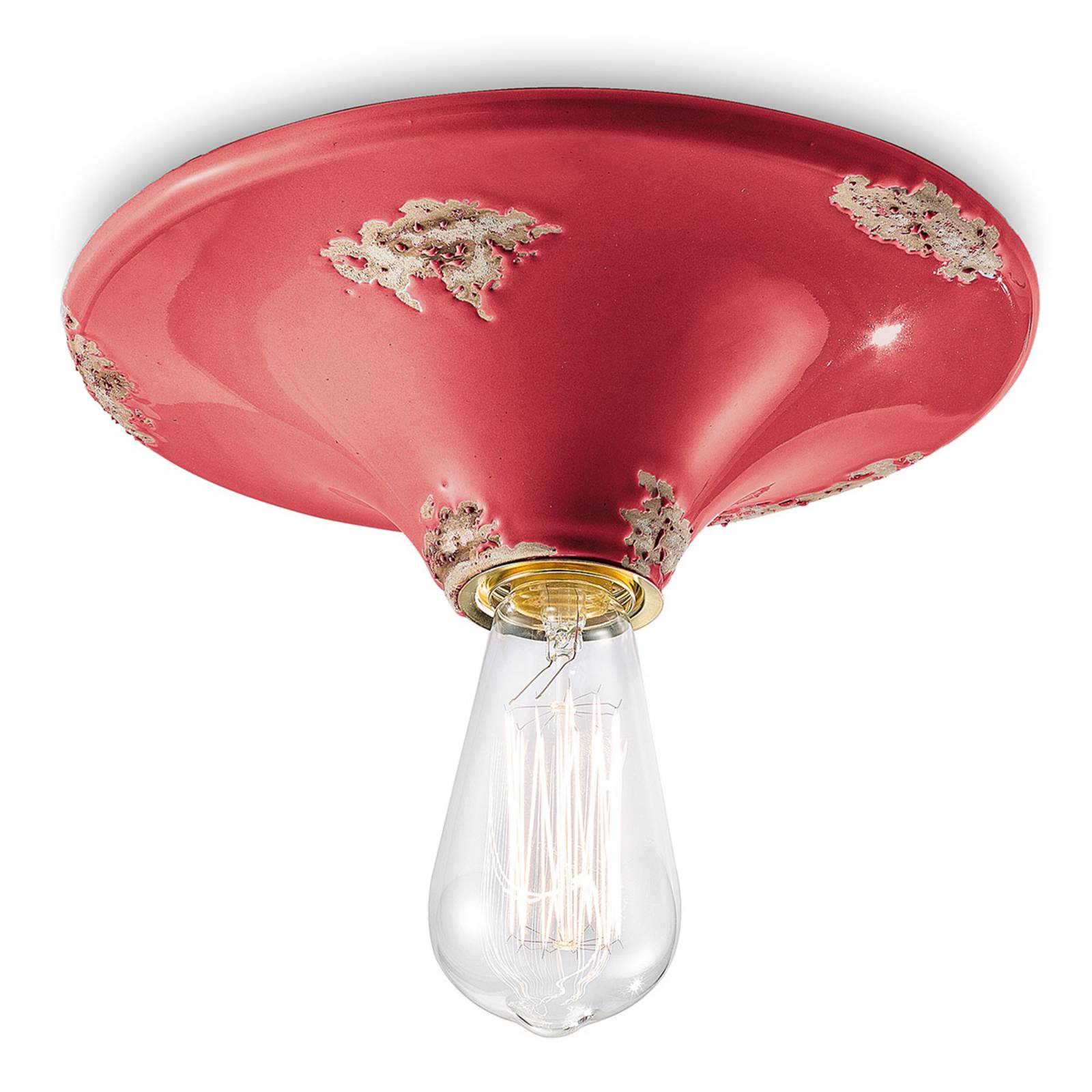Plafonnier vintage C134 rouge en céramique avec douille apparente au plafond