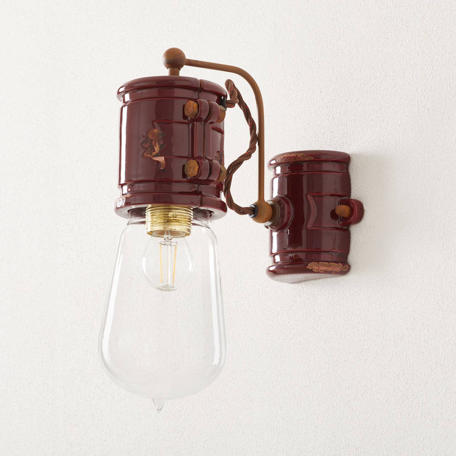 Applique vintage C1523 bordeaux en céramique patinée et verre clair — vue 2