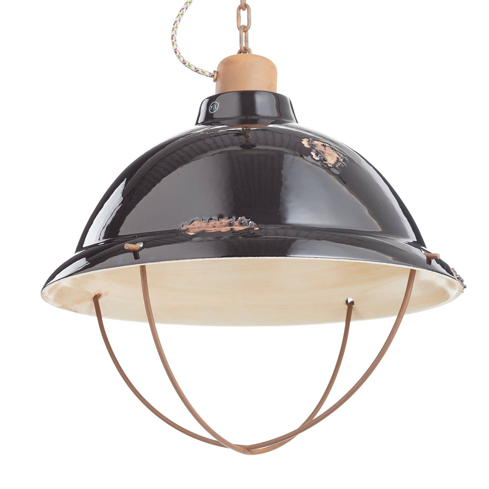 Suspension Ferroluce C1680 noire avec grand dôme en céramique patinée