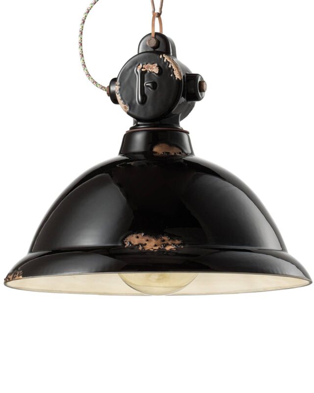 Suspension Ferroluce C1710 en céramique noire avec chaîne brun rouille
