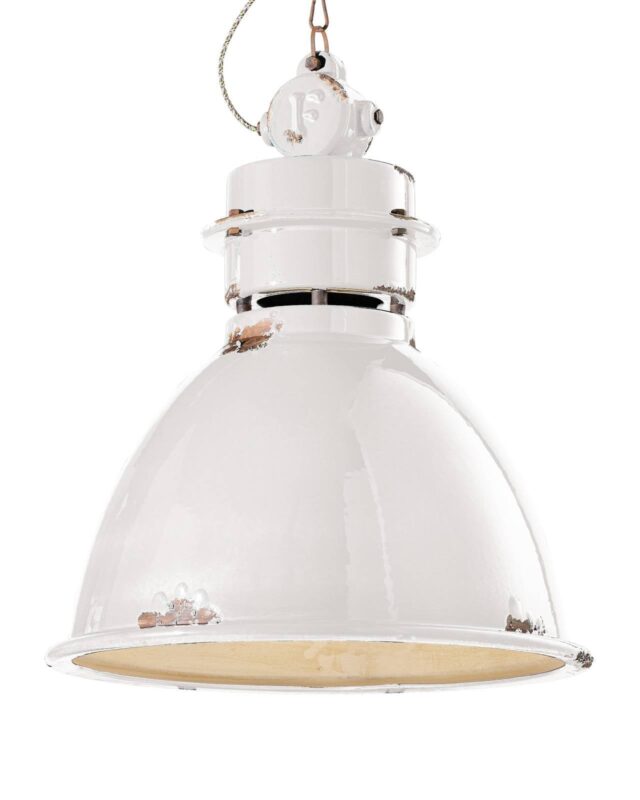 Suspension Ferroluce C1750 blanche en céramique avec chaîne brun rouille