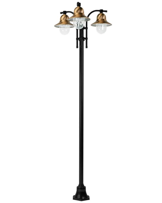 Lampadaire Toscane à 3 lampes noir, avec capuchons cuivre et abat-jour en verre