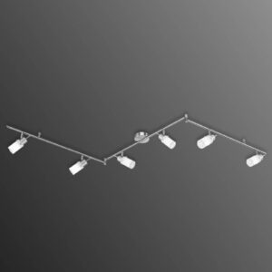 plafonnier Max à six lampes avec trois bras flexibles et six spots satinés