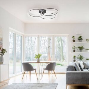 Plafonnier LED Ivanka noir à trois anneaux lumineux orientables