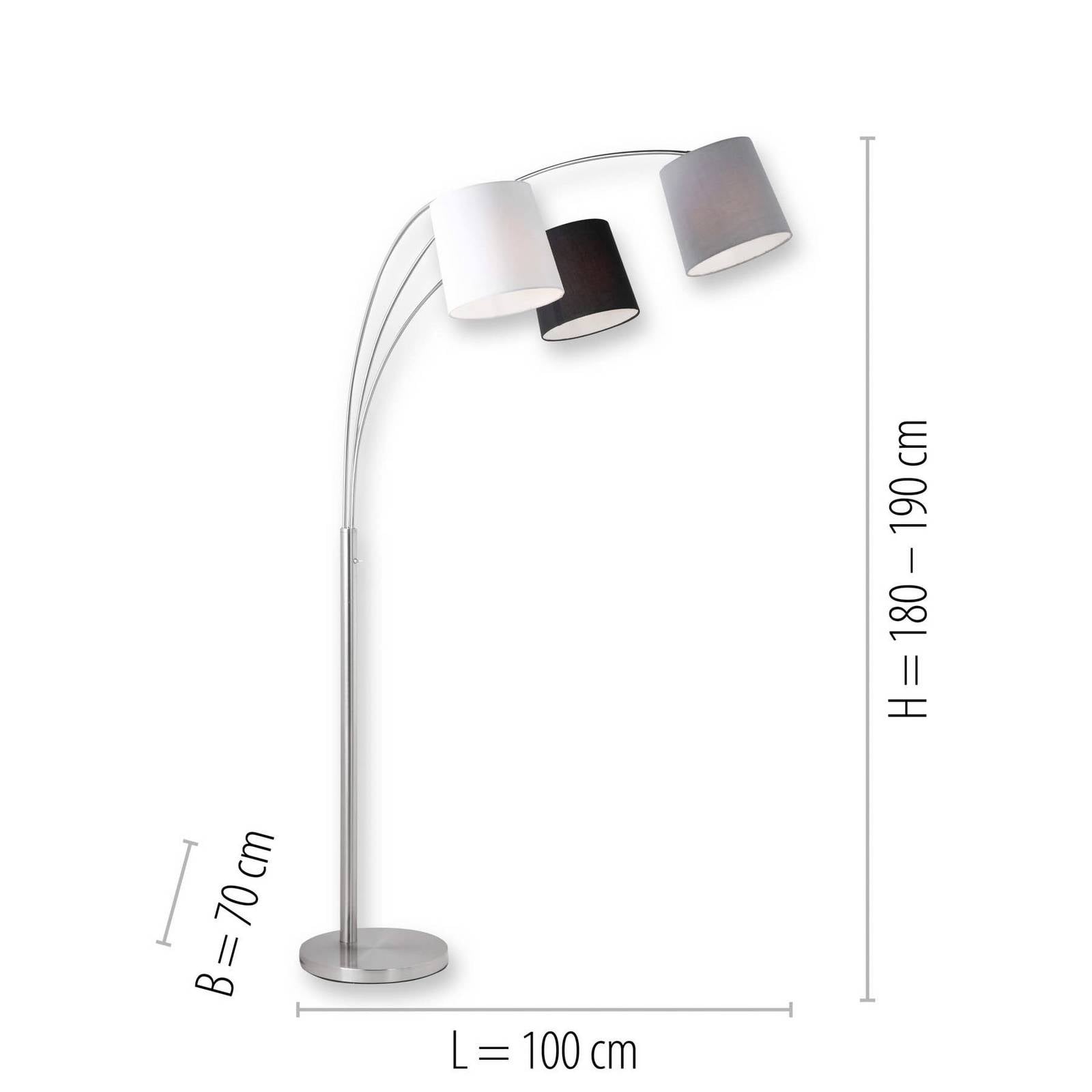 Lampadaire Melvin arqué avec trois abat-jour en tissu noir gris blanc — vue 2
