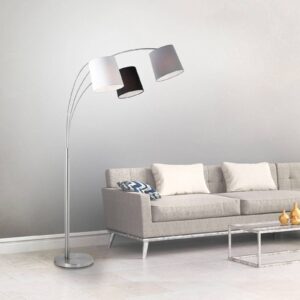 Lampadaire Melvin arqué avec trois abat-jour en tissu noir gris blanc