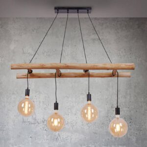 Suspension Edgar à 4 lampes avec cadre en bois clair et câbles noirs
