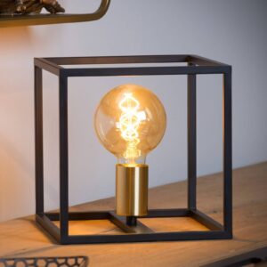 Lampe à poser Ruben noire en métal, cube ouvert avec ampoule visible