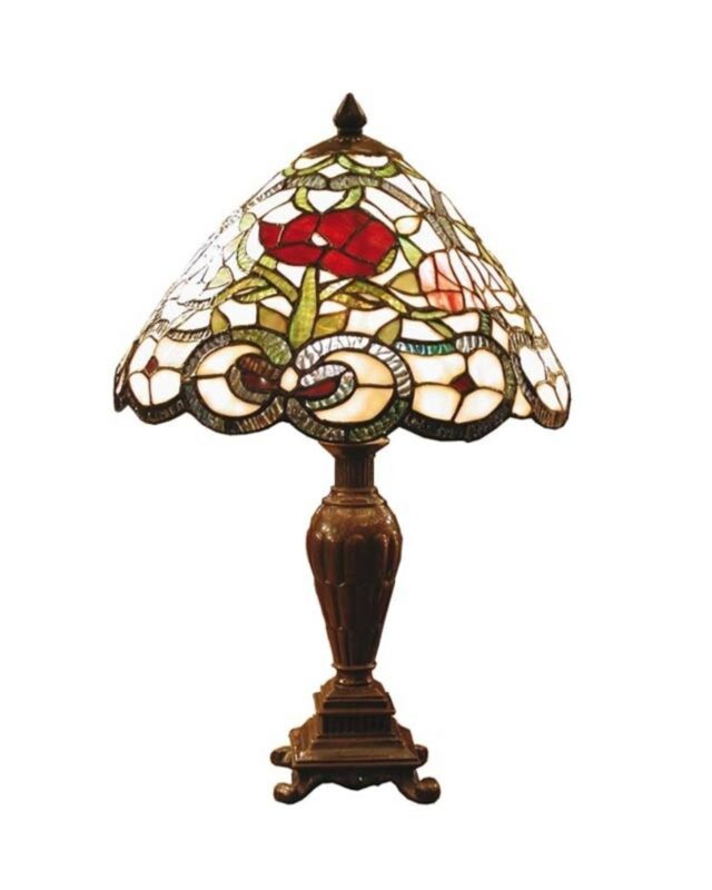 Lampe à poser Flora Tiffany avec abat-jour en verre floral et pied brun