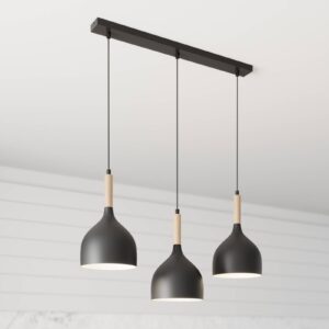 Suspension Noak longue à trois lampes en métal noir et bois naturel