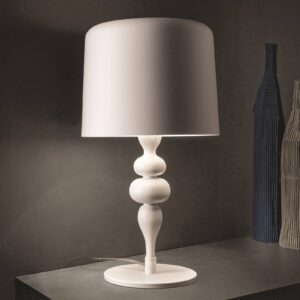 Lampe à poser Eva Masiero blanche mate, avec abat-jour rond et pied sculptural