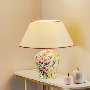 Menzel lampe à poser Living avec pied en céramique à tulipes et abat-jour décoré