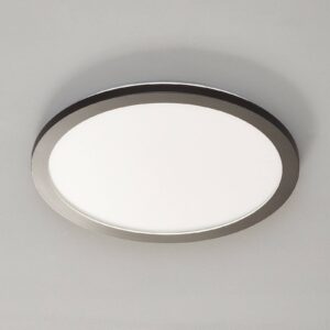 Plafonnier LED Camillus rond au cadre noir, installé au plafond dans une pièce lumineuse