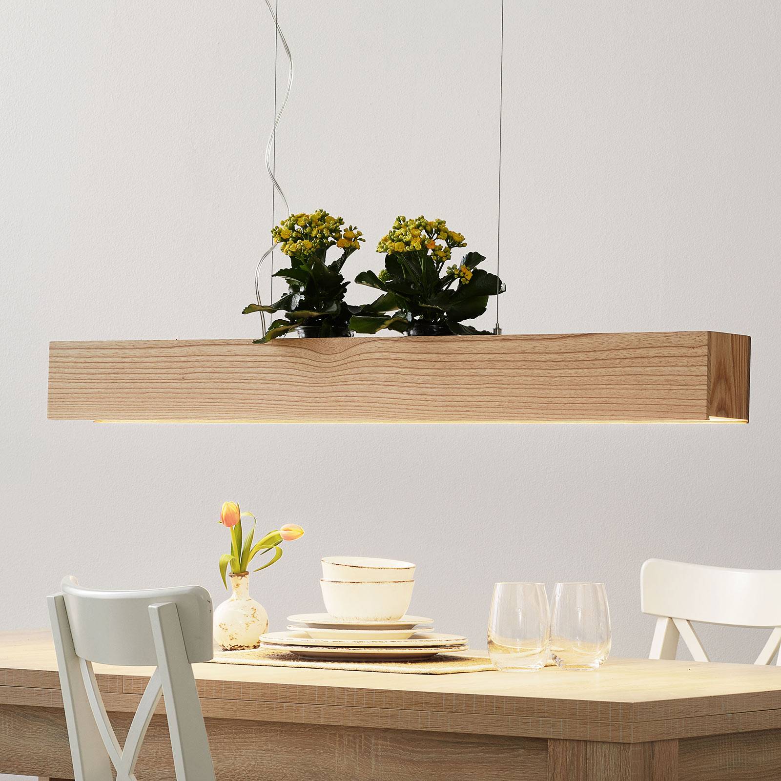 Suspension LED Ash en bois clair avec abat-jour rectangulaire ouvert