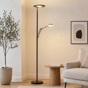 Lampadaire Trio Lighting Barrie avec éclairage indirect LED et liseuse noire mate