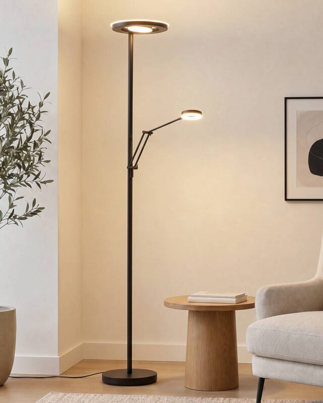Lampadaire Trio Lighting Barrie avec éclairage indirect LED et liseuse noire mate