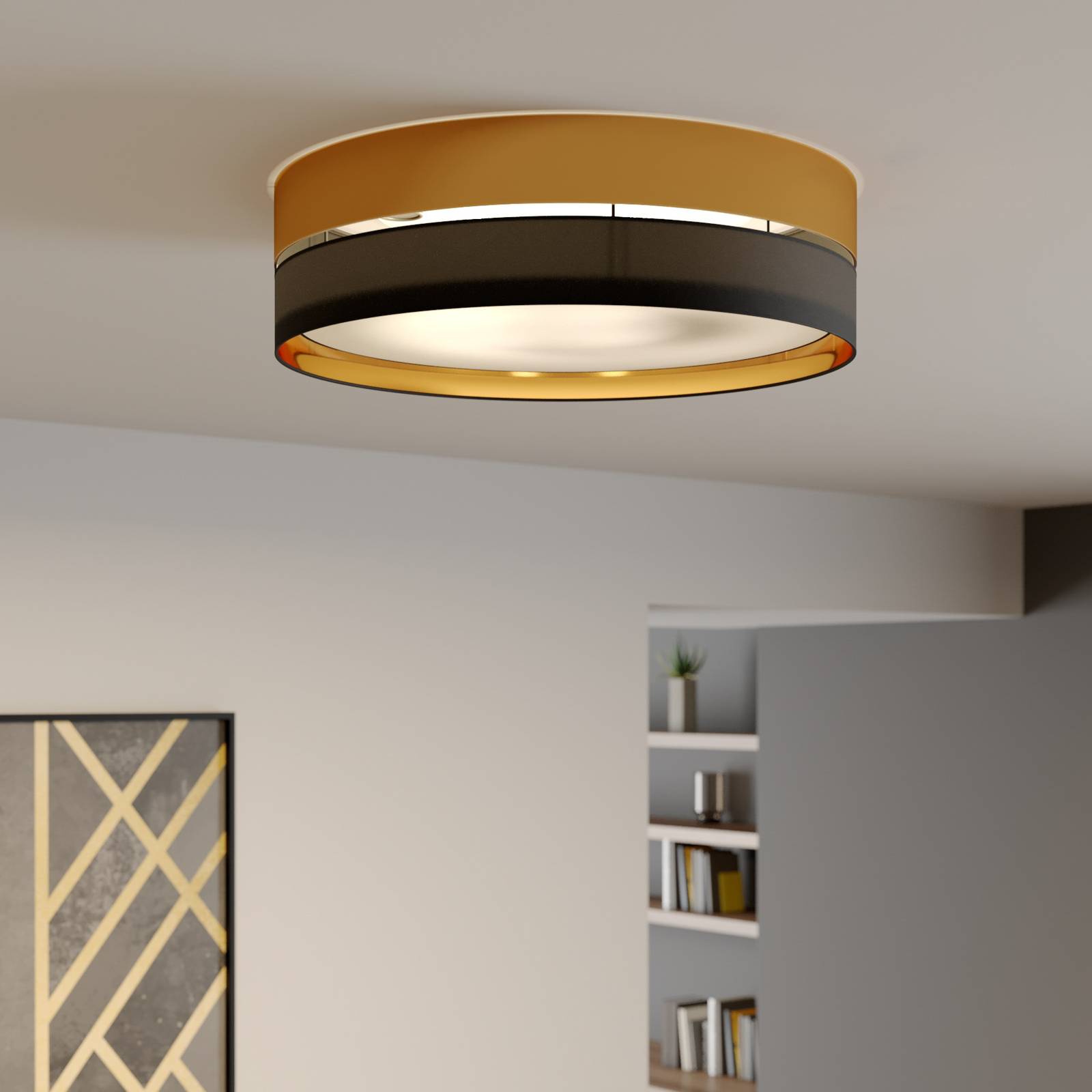 Plafonnier TK Lighting Hilton noir et doré en textile et métal, diamètre 60 cm — vue 2