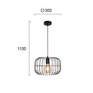 Suspension Zenith noire en acier peint, avec abat-jour ajouré en forme de cage