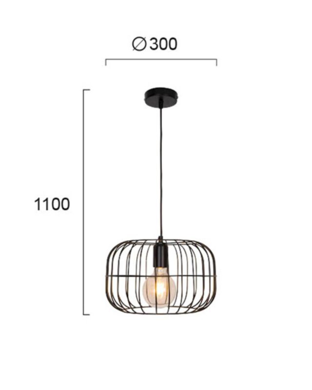 Suspension Zenith noire en acier peint, avec abat-jour ajouré en forme de cage
