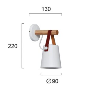 Applique murale Vetra blanche en acier, bois et lanière de cuir rouge foncé