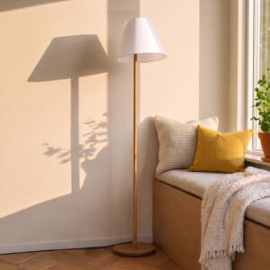 Lampe sur pied Lucande Jinda en bois et tissu blanc, hauteur 160 cm