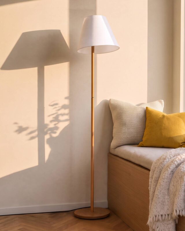 Lampe sur pied Lucande Jinda en bois et tissu blanc, hauteur 160 cm